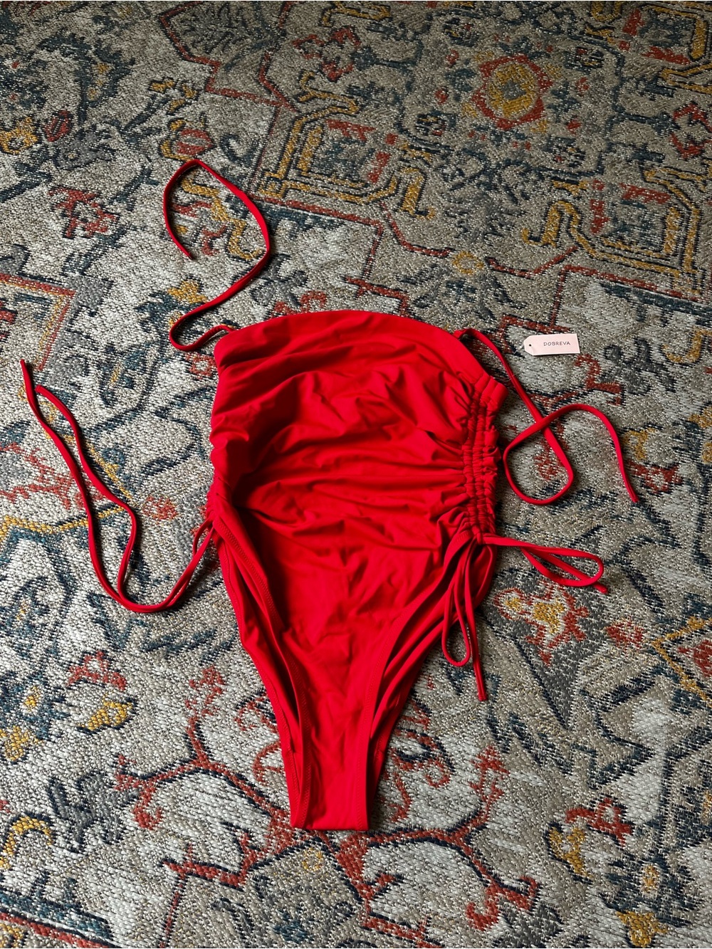 Red Ruched One-Piece Swimsuit with Side Ties - Dobreva Size S 4/6 US